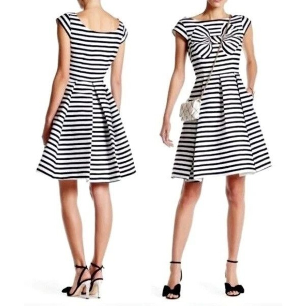 Kate Spade Mariella Cap Sleeve Striped Bow Print Pleated Fit & Flare Dress Sz 14